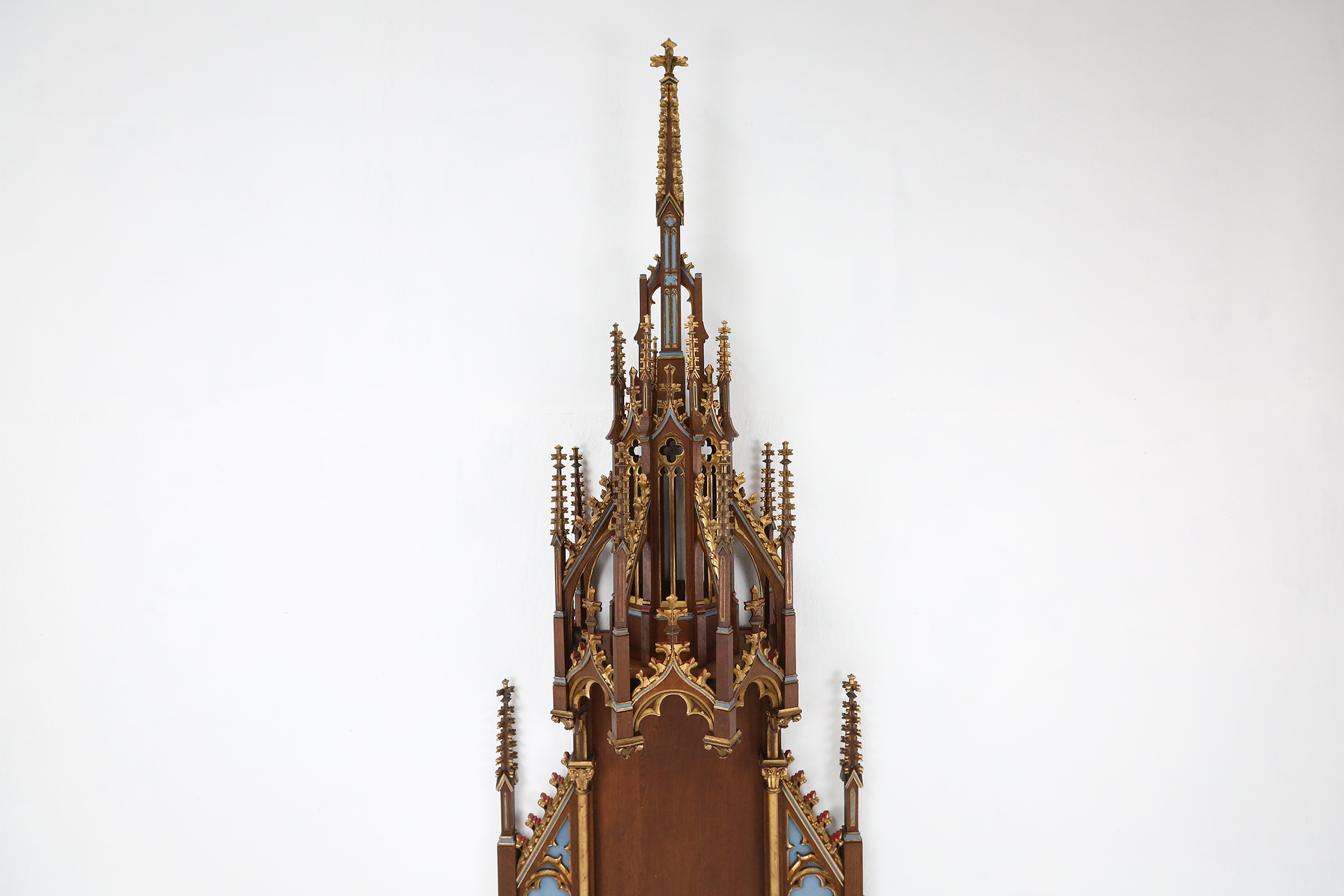 A French polychrome and gilt wooden neo-Gothic church steeple with niche for saint statue, ca. 1800thumbnail